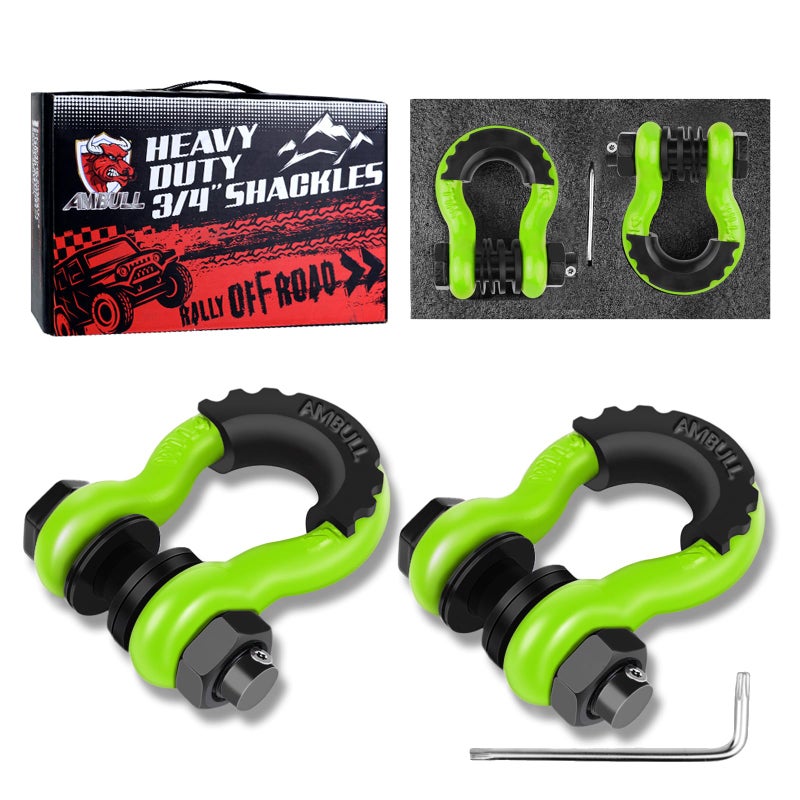 AMBULL Shackles 3/4" D Ring Shackle (2 Pack) 45,000lb Break Strength with 7/8" Pin, Anti Theft Security Screws, Isolator & Washer Kits for Use with Tow Strap Winch Truck Vehicle Recovery, Green - Image 1